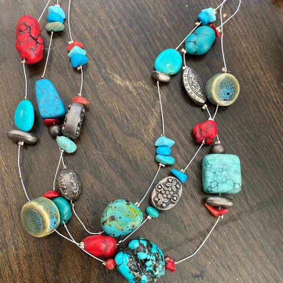 Turquoise and coral necklace bracelet and earrings set - Picture 2 of 5